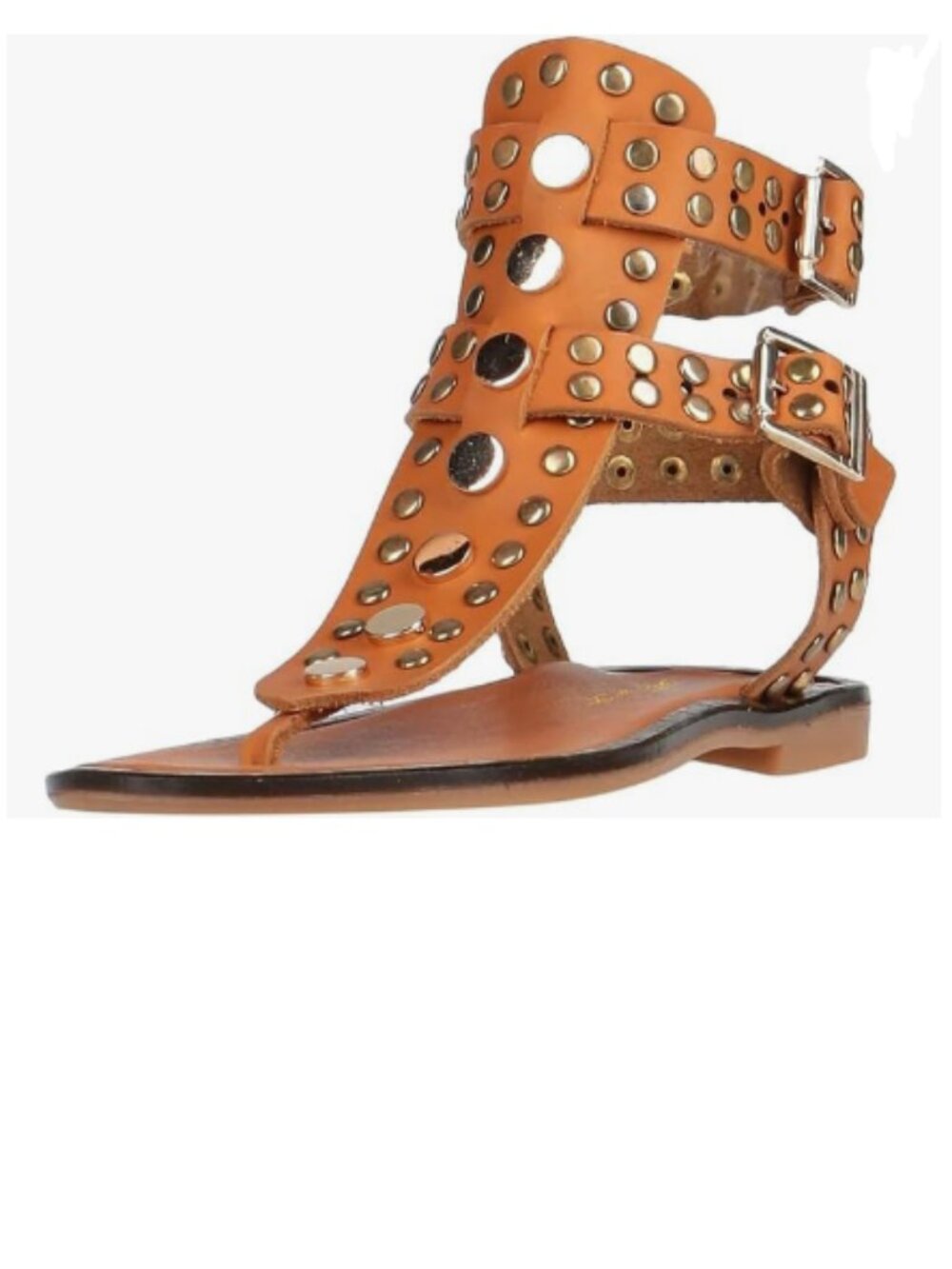 FOWT Orange Round Split Toe Rivet Studded Flat Gladiators Ankle Strap Sandals